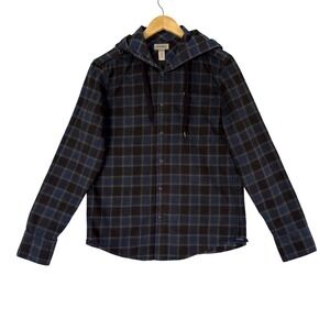 Diesel Mens Shirt Blue Black Plaid Hooded Flannel Shacket Button Up L Epaulettes